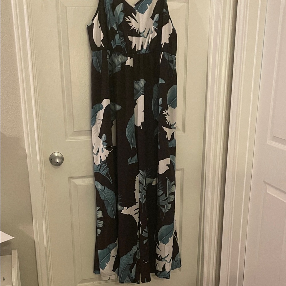 SHEIN Black and Teal Leaf Vacay Jumpsuit
